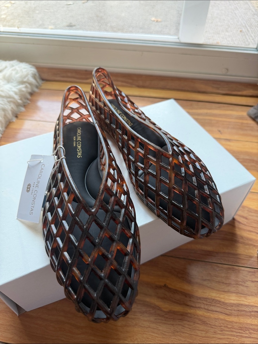 NWB Caroline Constas Tortoiseshell Lattice Slip-On Flats in Brown and Black